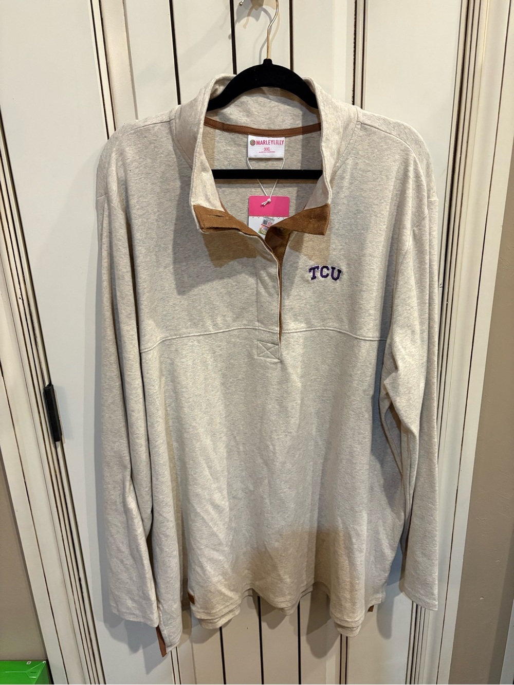 Marley Lilly TCU Beige Quarter Button  Pullover 3X